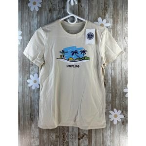 Life is Good Women's Tee Jackie And Rocke Sz XS Ivory Tropical Graphic Crew Neck